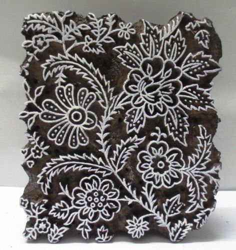 INDIAN WOODEN HAND CARVED TEXTILE PRINTING FABRIC BLOCK STAMP FINE FLORA PATTERN