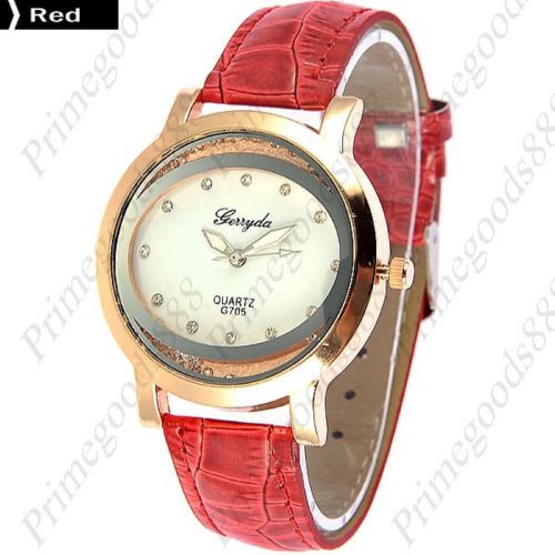 Round rhinestones pu leather lady ladies analog quartz wristwatch women&#039;s red for sale