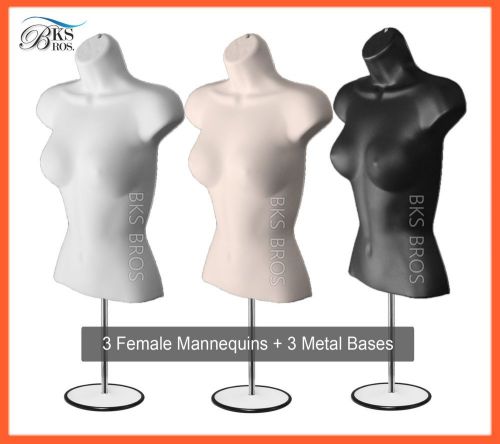 3 Mannequin White Flesh Black Female Torso Stand + Hanging Hook Dress Form Woman