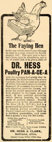 1907 ad dr gilbert hess clark poultry pan-a-ce-a eggs - original advertising cg1 for sale