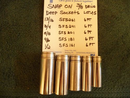 SNAP ON DEEP SOCKETS 3/8&#034; DRIVE 13/16 3/4 5/8 9/16 1/2 LOT OF 5 6PT #93 FREE SHP
