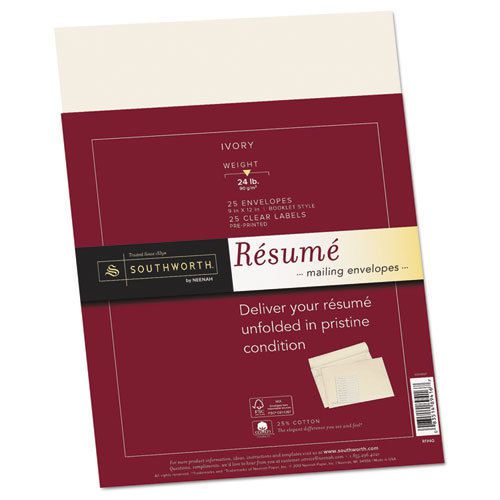 25% Cotton Resume Envelopes, Ivory, 24 lbs., 9 x 12, Wove, 25/Box