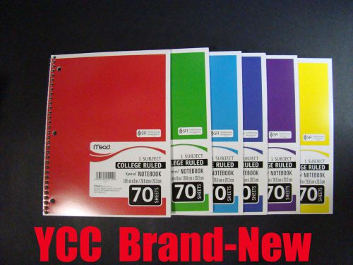 Mead Spiral Notebook,1subject,70sheets,college ruled,assorted cover,10.5x8in,6pk