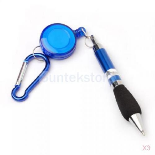 3xretractable badge reel pocket pen sport with metal belt clip &amp; carabiner--blue for sale