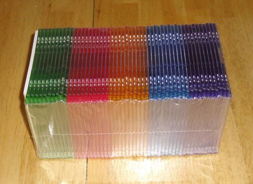 50 NEW Slim CD DVD Blu-Ray Jewel Cases, 5 Assorted Colors with LABELS