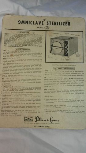 Vintage Pelton Crane OCM OCR Omni-Clave Autoclave Cardboard Instructions