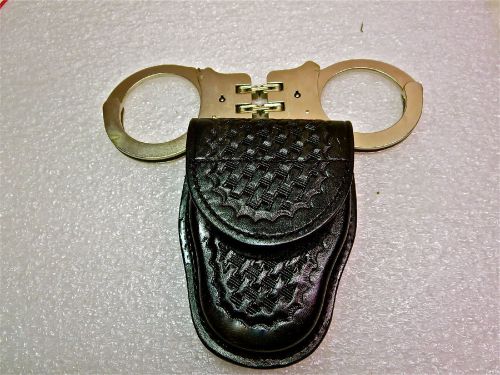 Peerless Model 301 Hinged Handcuffs with leather Basket Weave  Handcuffs CASE