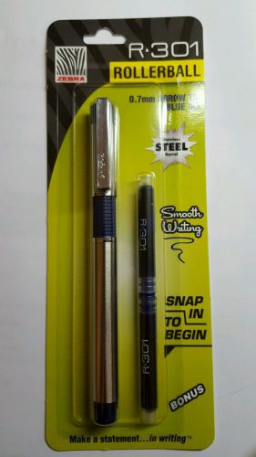 3 EACH Zebra RollerBall Pen, 6 Refillable, .7mm, Stainless Steel Barrel/Blue Ink