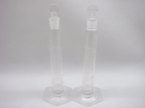 2 KIMAX 20039 Glass TC 25mL Hex Base Graduated Cylinders W/ Glass Stoppers b168