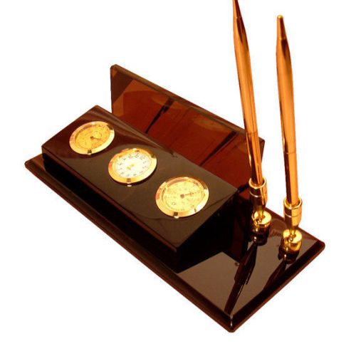 Obsidian writing desk organizer with pen holders, paper tray, clock, thermometer