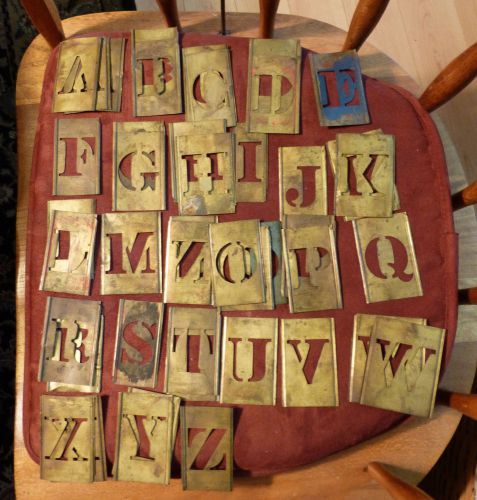 73 interlocking brass letters numbers stencils vintage box 3&#034; tall for sale