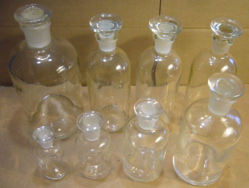 Lot of 8 Pyrex Reagent Bottles &amp; Ground Stoppers 1000mL 500mL 250mL 100mL 50mL