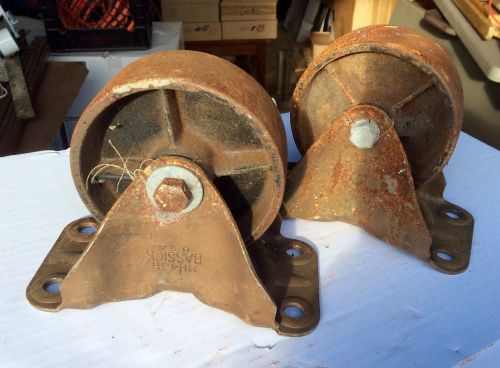 2 Vintage BASSICK Cast Iron Casters ~ non swivel #MH438 / 4&#034; wheel / steampunk