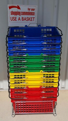 SET OF 12 MULTI-COLOR PLASTIC SHOPPING BASKETS - INCLUDES STAND &amp; SIGN