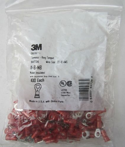 NEW 100 Pack 3M 94726 Nylon Insulated Ring Terminal 22-18 AWG Red Stud Size #8
