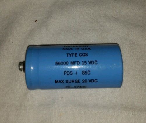 Mallory type cgs 56000 mfd 15 vdc pos+85c max surge 20 vdc capacitor for sale
