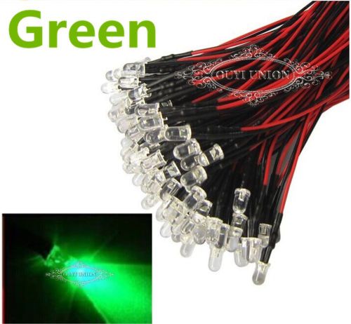 New 5pcs prewired led 3mm lamp 12v bright green light 20cm 25 degree pre wired for sale