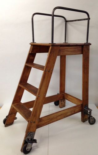 Vintage industrial oak library ladder putnam rolling platform ladder 1950&#039;s for sale