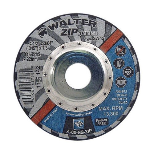Walter 11F142 4-1/2X3/64X7/8 ZIP Wheels Stainless Steel Type27 A60 Grit|Pkg.25