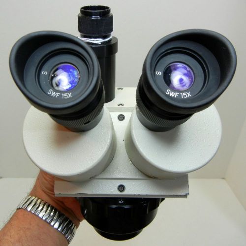 Luxo stereo zoom trinocular microscope + meiji swf15x, max mag 75x good cond #29 for sale