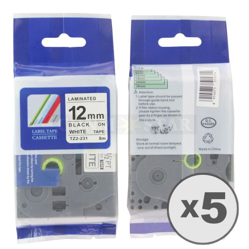 5pk white on black tape label for brother p-touch tz tze 231 12mm 1/2&#034; 26.2ft for sale
