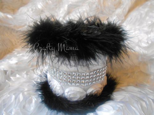 WHITE SATIN ROSETTE Fabric and Feather Boa W/Bling Pencil Pen Makeup Holder