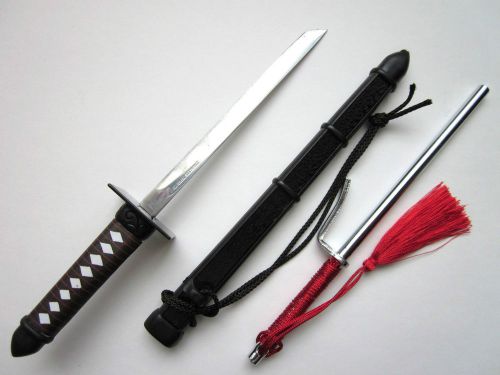 Japanese Letter Opener Black&amp;Dark Brown Samurai Katana Sword w/Jutte Red Japan