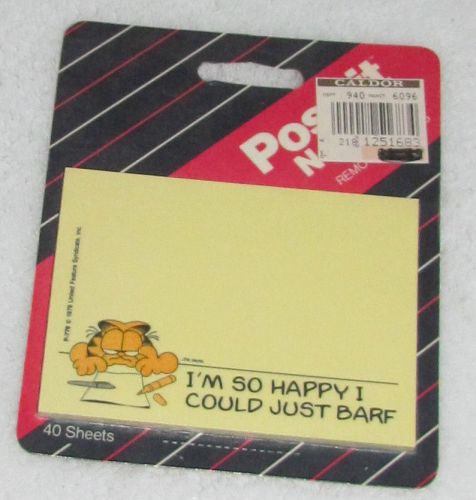 NEW! 1987 3M GARFIELD JIM DAVIS POST-IT NOTES &#034;I&#039;M SO HAPPY I COULD JUST BARF&#034;