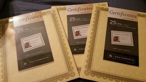 3 packs NEW Southworth Gold Parchment Certificates  Gold and Brown Ink  25 ct.