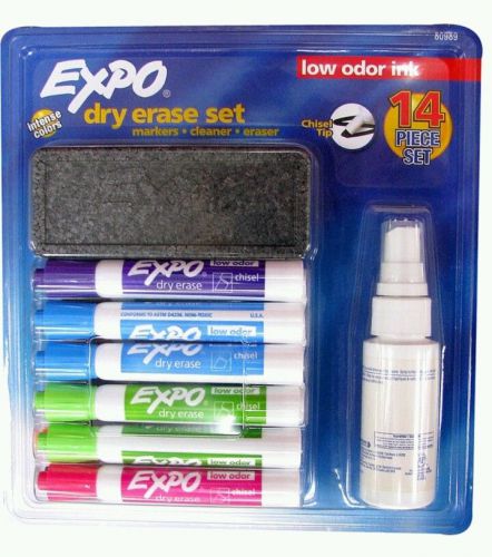 Expo Dry Erase Markers Set (14 Items) Low Odor Ink Cleaner, Eraser, &amp; 12 Markers