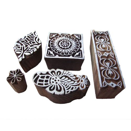 Flower pattern hand carved block printing wooden tags from india (set of 5) for sale