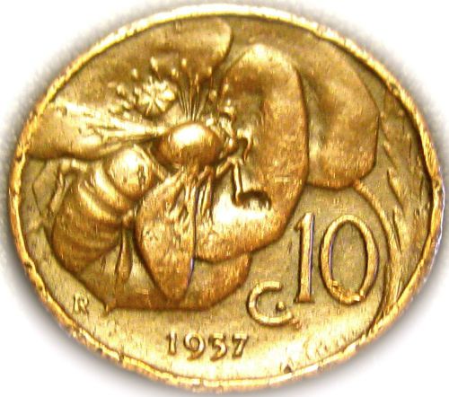 Honeybee Coin - Italy - Italian 1937R 10 Centesimi Coin - Great Coin - RARE