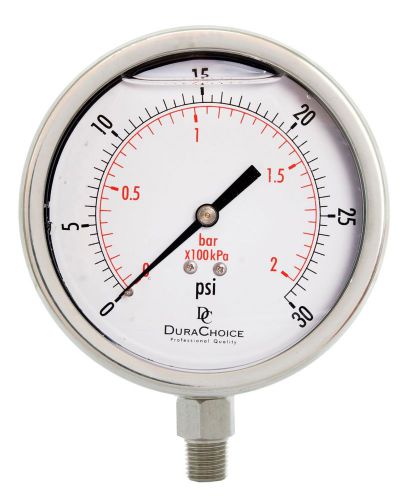 4&#034; all stainless steel oil filled pressure gauge - 1/4&#034; npt lower mount, 0-30psi for sale