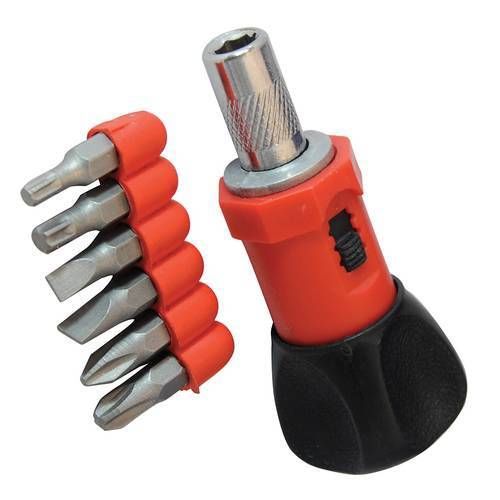 STUBBY RATCHET SCREWDRIVER USES STANDARD CORDLESS DRILL BITS 6 INCLUDED