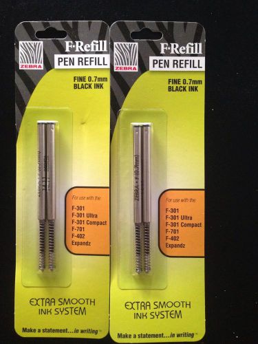 New 2 Packs of 2 Zebra F-Refill Pen Refills - Fine 0.7 - Black Ink