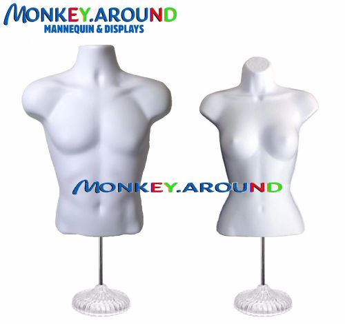 2 Mannequin Male Female White Torso Form +2 Hook +2 Stand - Display Clothing