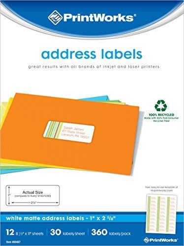 PrintWorks Printworks White Matte Address Labels for Inkjet or Laser Printers or