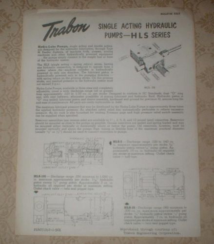 1956 TRABON ENGINEERING CLEVELAND OHIO HYDRAULIC PUMPS PARTS BROCHURE LEAFLET