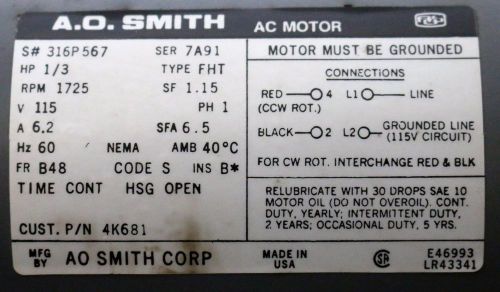 AC Motor 1/3HP 1725RPM 115V 1Phase 60Hz SN316P567 Frame B48