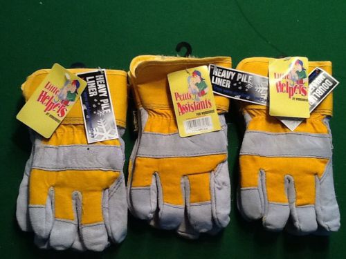 3 NEW PAIRS KIDS WINTER FLEECE LINED LEATHER WORK GLOVES AGE 5 to 12