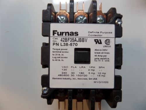 Furnas definite purpose contactor, 3 pole, 24 volt coil, 30 amp, 42bf35ajbbv for sale