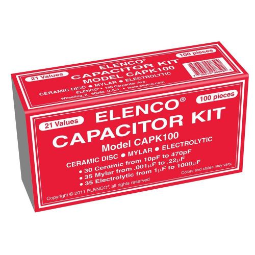 100pc Capacitor Assortment Kit Mylar, Electrolytic, Ceramic Disc CAPK100