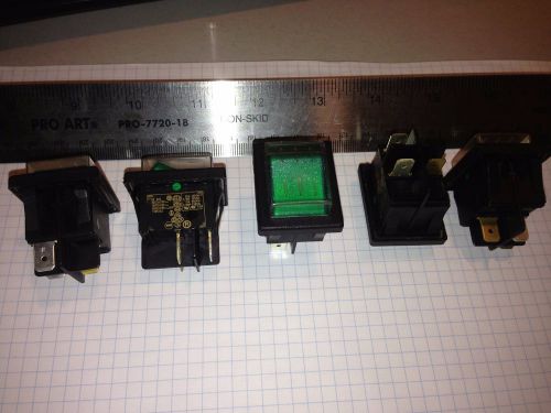 Waterproof rocker switch, Black/Green, 5 pcs, 20 amp - 125 Vac, 16 amp - 250 Vac