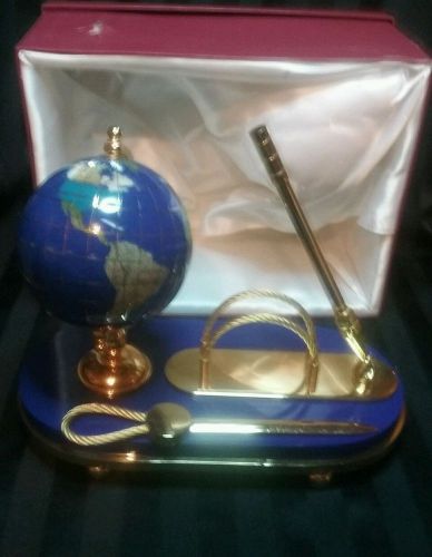 Blue lapis gemstone globe executive set pen and letter opener