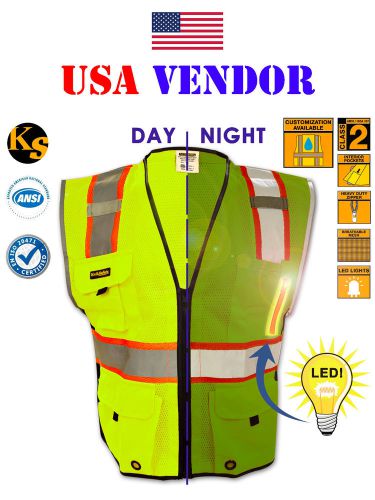 Class 2 Deluxe LED Safety Vest High Vis Reflective ANSI Standard Yellow 2XL/3XL