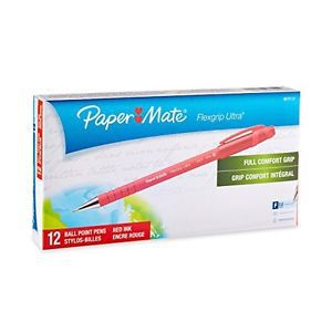 Paper Mate Flexgrip Ultra Stick Ballpoint Pens, Fine Point, Red Ink, 12-Pack