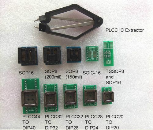 10 programmer adapters sockets sp8 sp16 plcc20/24/28/32/44 to dip + ic extractor for sale