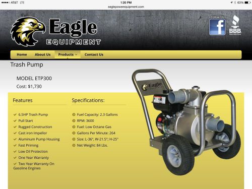 Trash Pump Eagle Equipment model ETP300 Brand New  6.5 HP. WARRANTY. $500