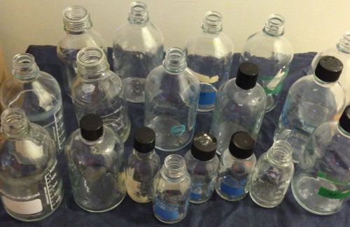 Lot of Glassware Lab Bottles 500 ml  250 ml Reagent Media Storage w/ screw top