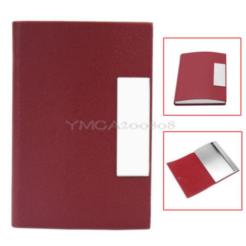 Unisex Red PU Leather Magnetic Business Office Name ID Card Pocket Holder Case